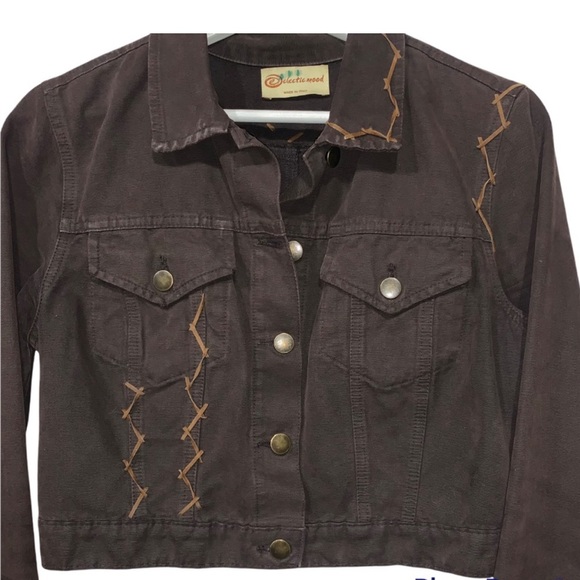 Vintage Cropped Dragon Patch Denim Jacket Brown 42 - Picture 6 of 14